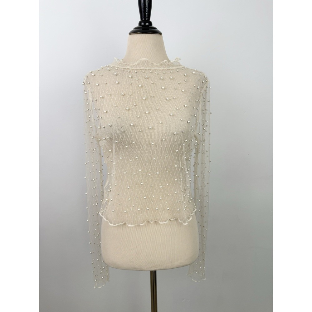 LOVE CULTURE Sheer Mesh Lace TOP Small Pearl Beaded Fairy Coquette Bridal Y2K